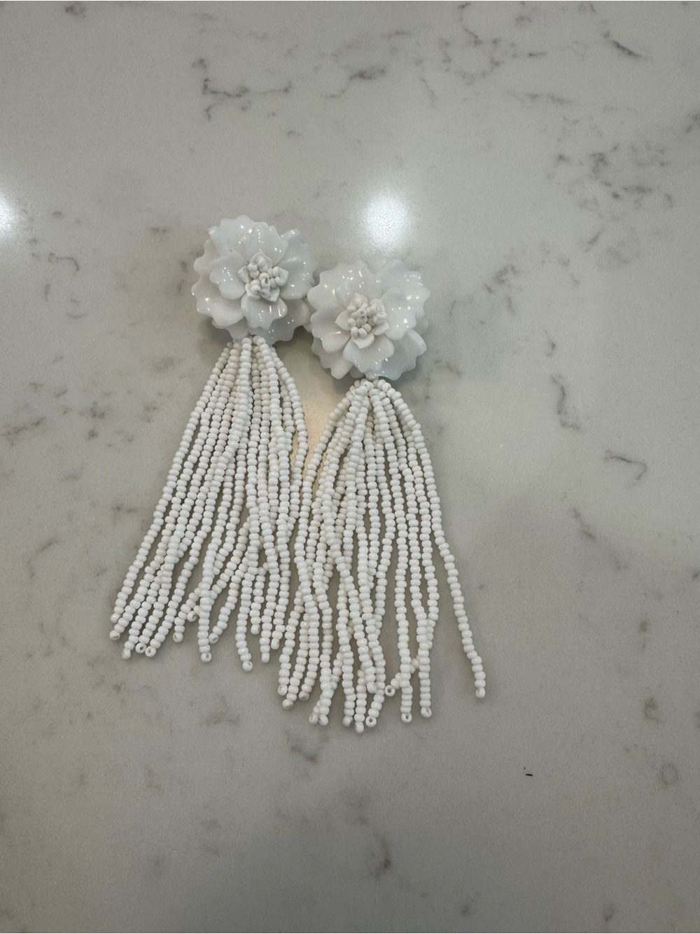 LARGE STATEMENT EARRINGS White Floral Tassel Beaded Drop